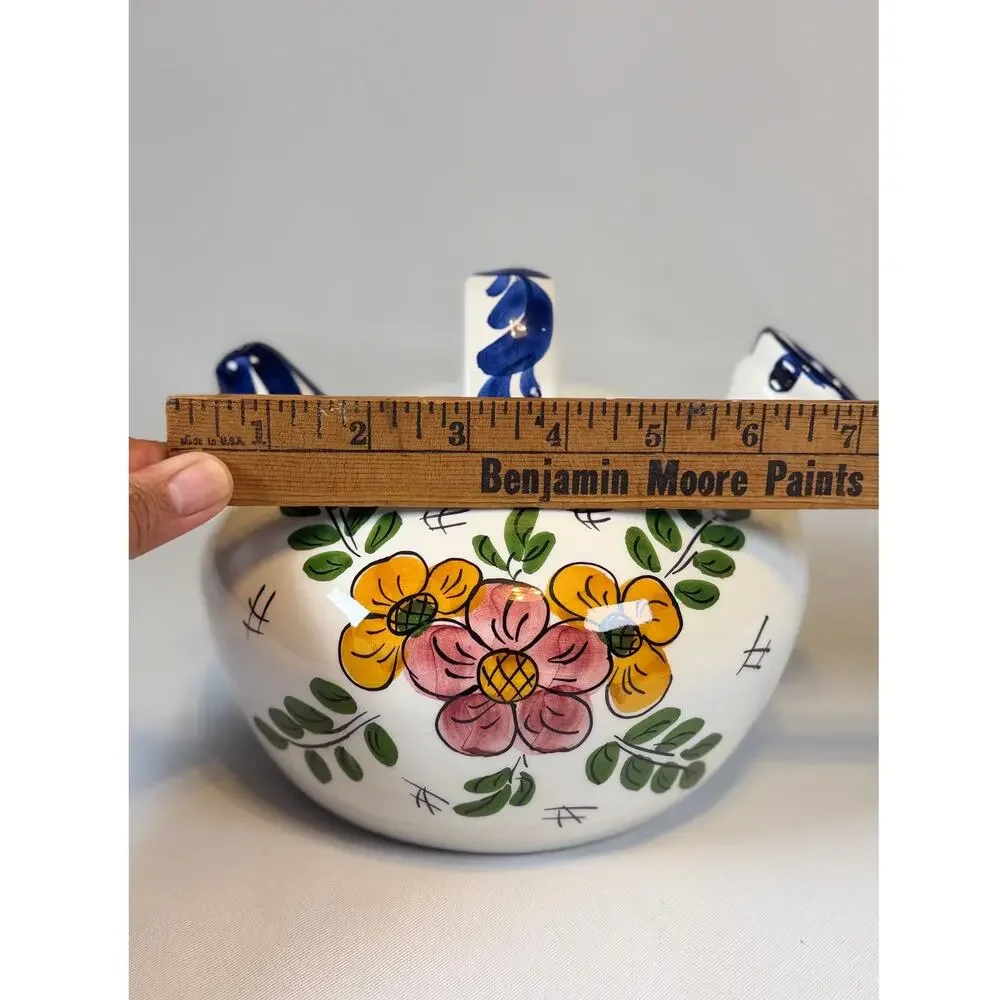 Vtg Spanish Botijo Hand Painted Ceramic Water Jug Floral Folk Art Double Spout